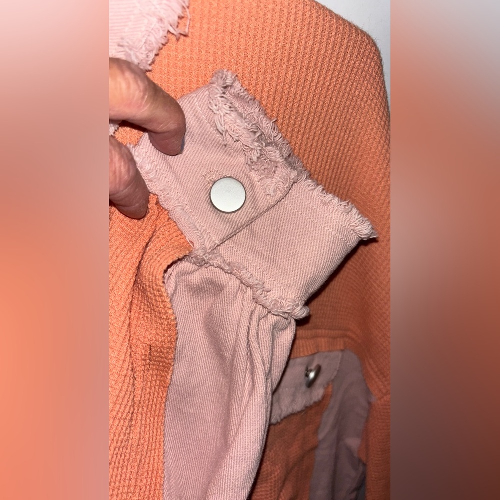 Waffle knit Chic Women's Oversized Orange and Pink Utility Jacket w/pockets - Picture 9 of 13